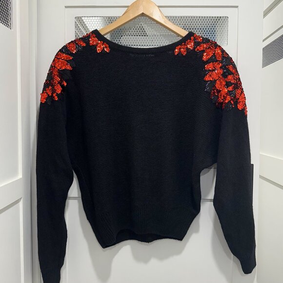 Vintage 80's Sweater Black Red Sequins Floral Dolman - Picture 2 of 7